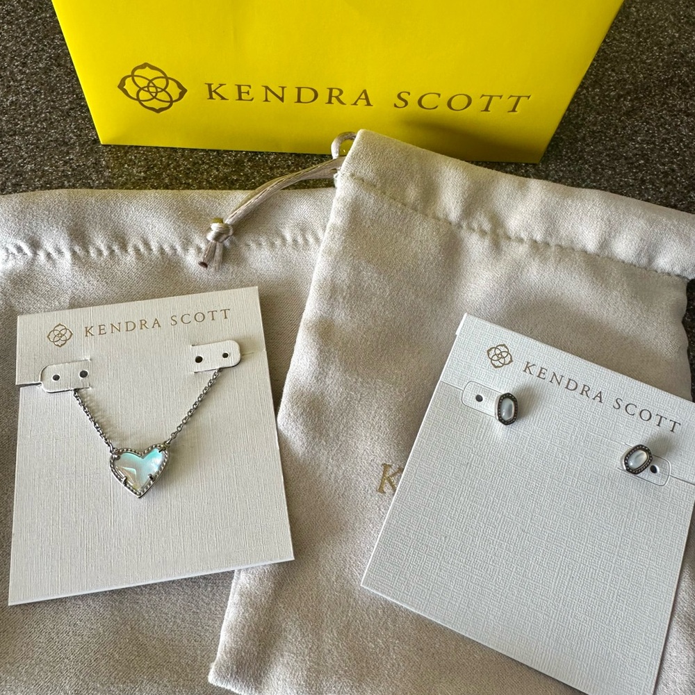 Kendra Scott Heart Silver Dichroic Necklace and Mini Ellie Earrings Set